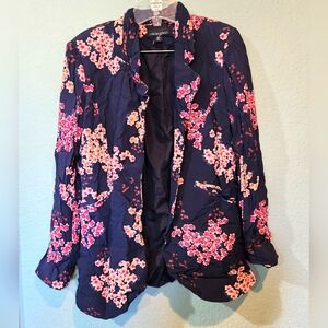 Cynthia Rowley Blazer Medium Navy Blue Floral Artsy Boho Romantic Open Jacket